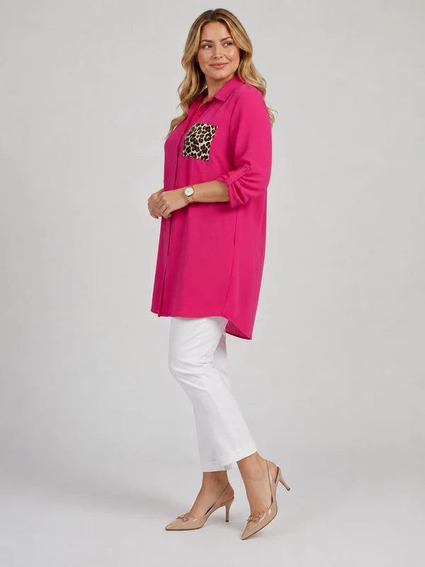 Leopard Pocket Plus Size Shirt Dress Fuchsia