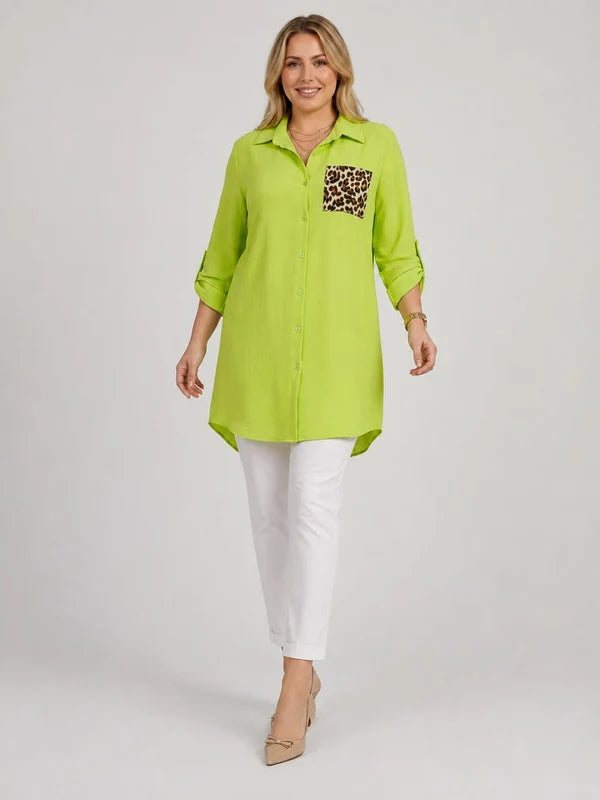 Leopard Pocket Plus Size Shirt Dress Lime Green