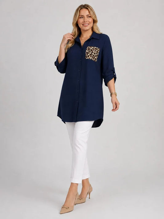 Leopard Pocket Plus Size Shirt Dress Navy