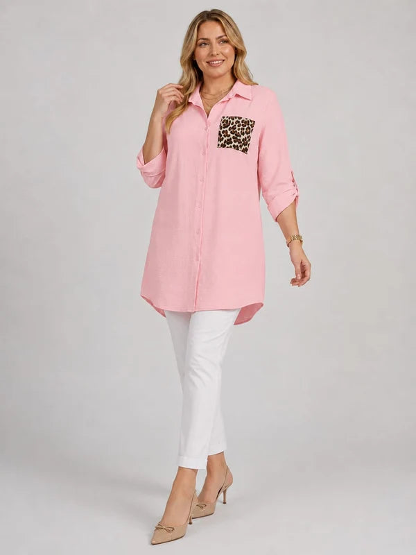 Leopard Pocket Plus Size Shirt Dress Pink