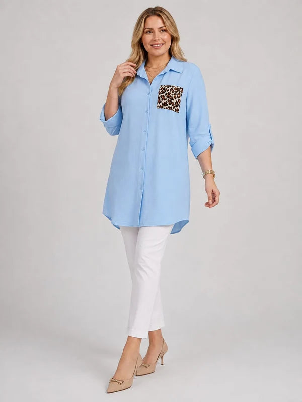 Leopard Pocket Plus Size Shirt Dress Sky Blue