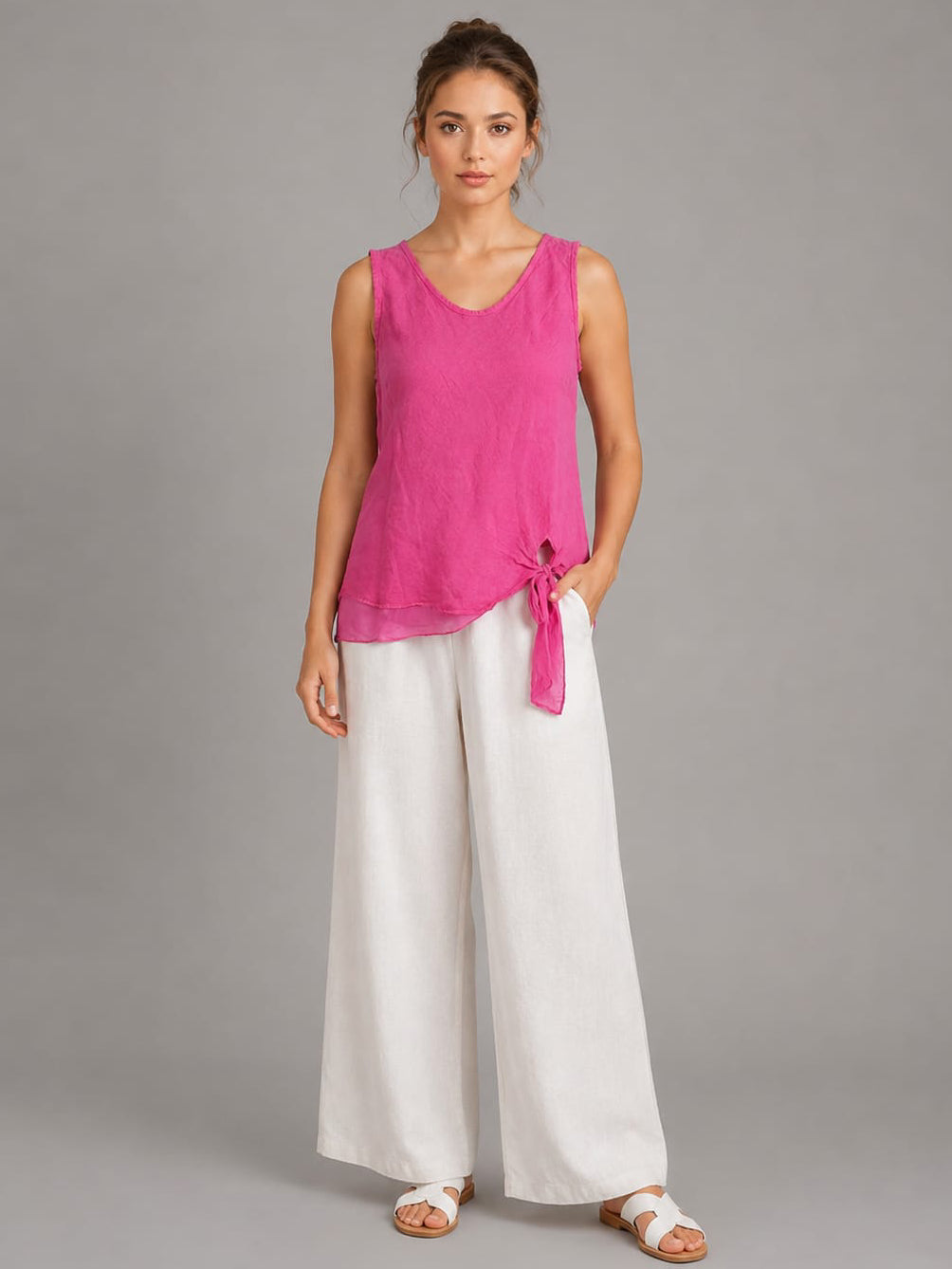 Plain Linen Vest Top Fuchsia