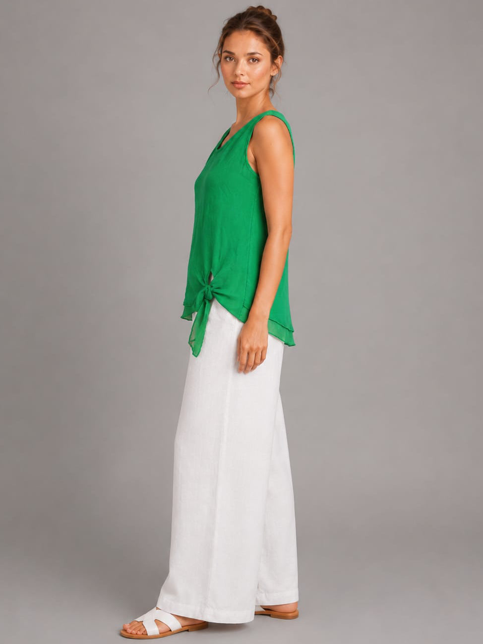 Sleeveless Linen Tie Knot Hem Crop Top