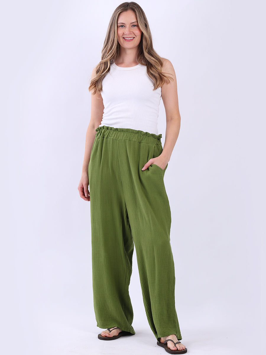 Wide Leg Plain Cotton Casual Trouser