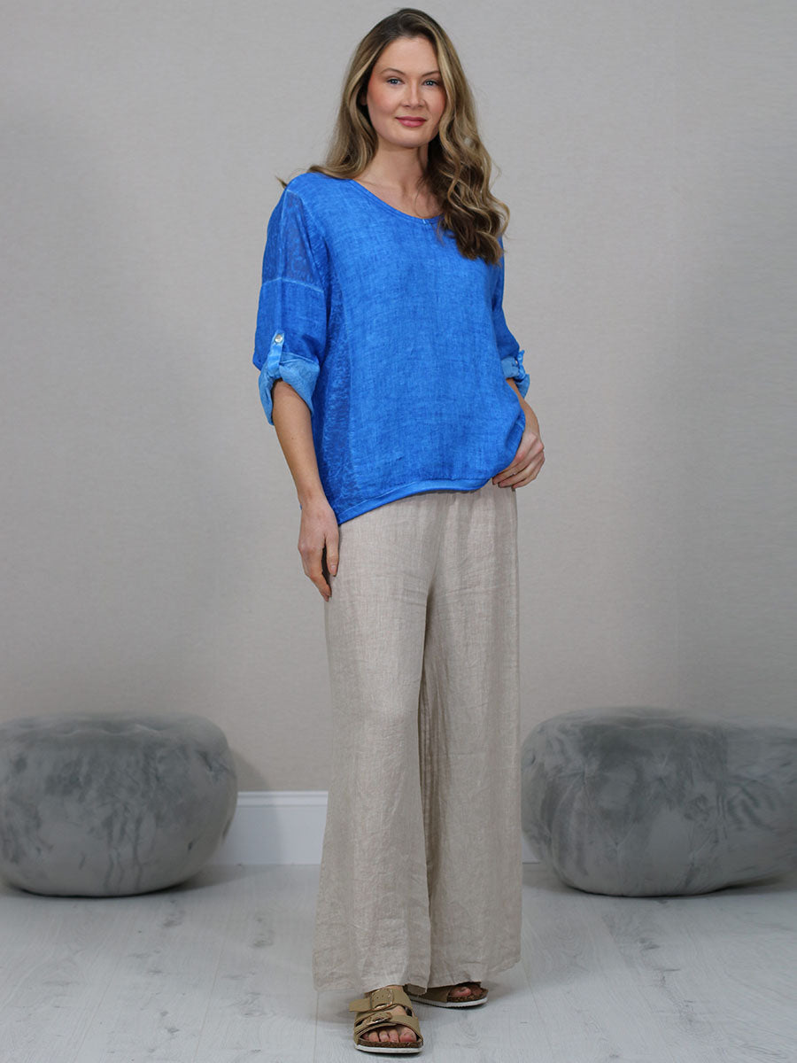 Vintage Wash Linen Blouse Royal Blue