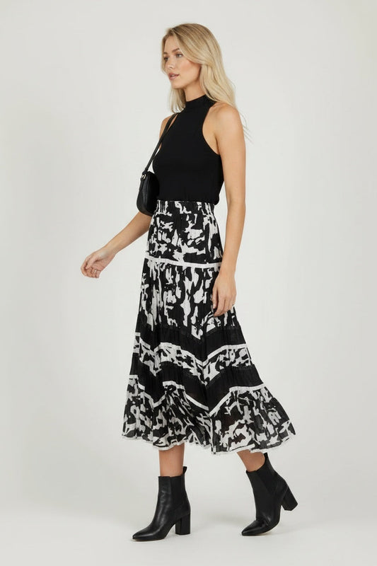 Abstract Print Flowy Tiered Midi Skirt
