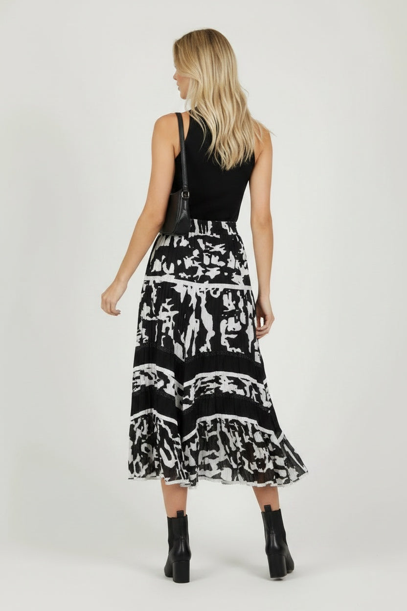 Abstract Print Flowy Tiered Midi Skirt