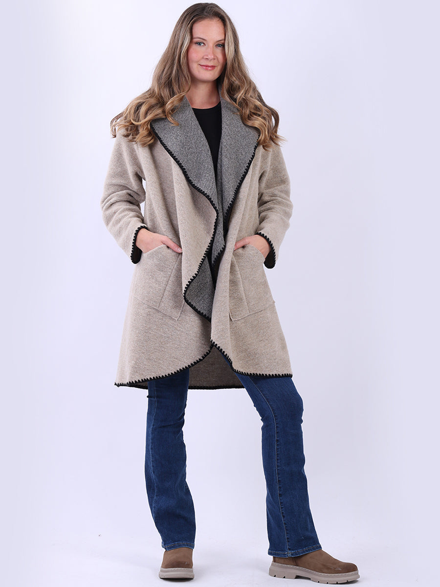 Blanket Stitch Waterfall Collar Wooly Coat
