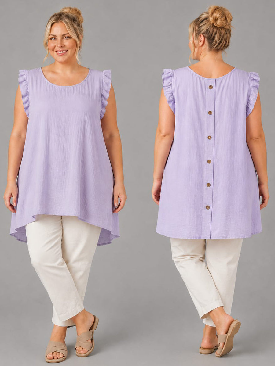 Pleated Trim Back Buttoned Plus Size Tank Top