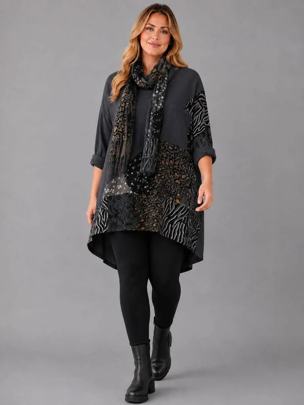 Leopard Patch Top With Scarf Charcoal