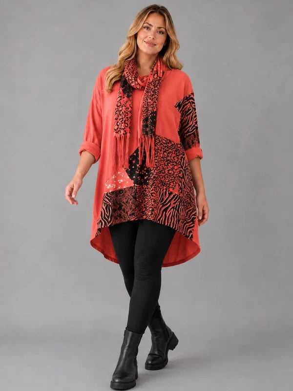 Leopard Patch Top With Scarf Coral