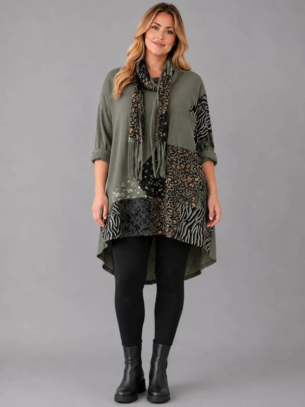 Leopard Patch Top With Scarf Khaki