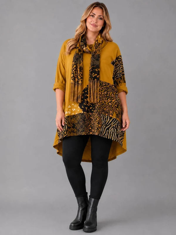 Leopard Patch Top With Scarf Mustard