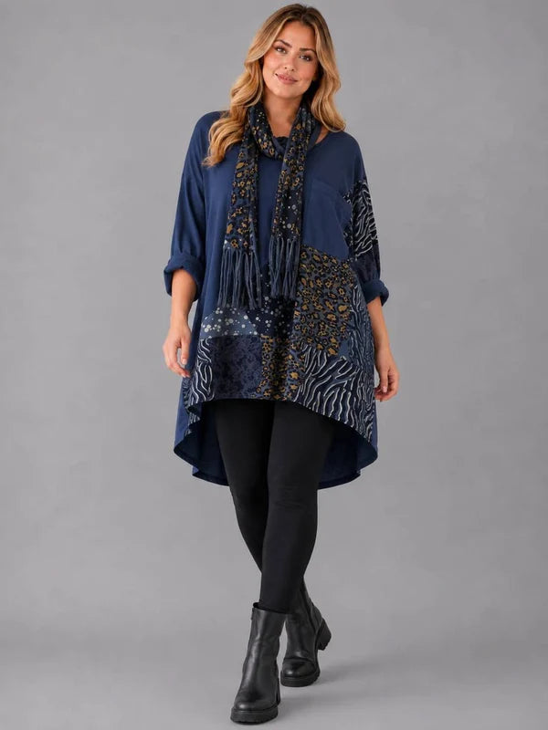 Leopard Patch Top With Scarf Navy