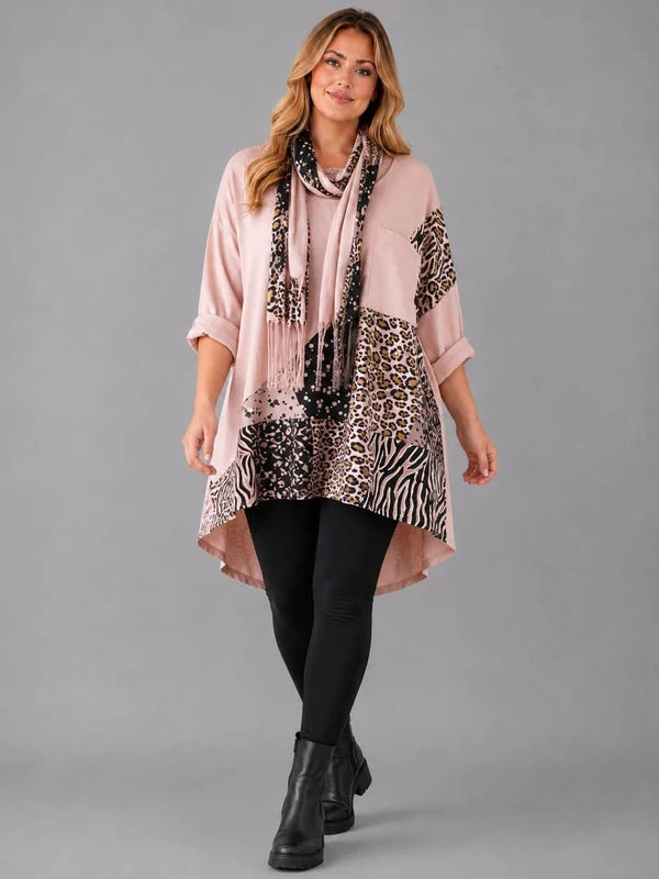 Leopard Patch Top With Scarf Pink