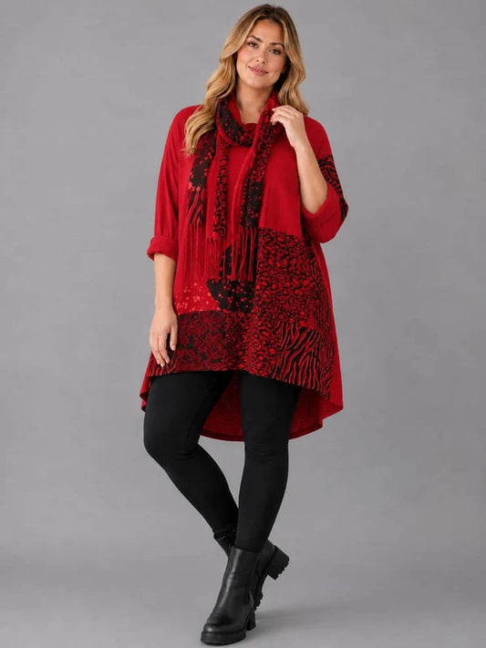 Leopard Patch Top With Scarf Red