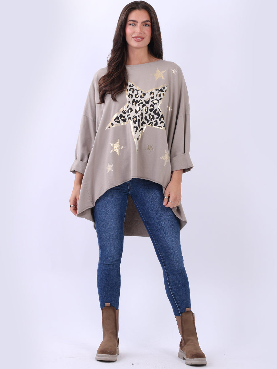 Plus Size Cotton Foil Leopard Star Top