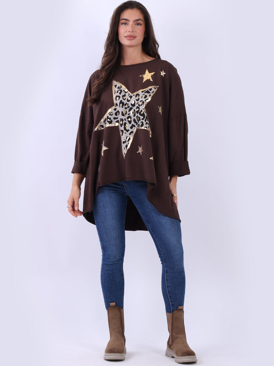 Plus Size Cotton Foil Leopard Star Top