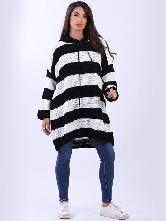 Stripy Plus Size Batwing Chunky Knit Hooded Jumper