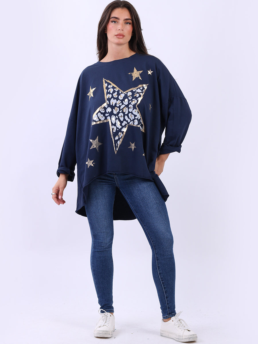Plus Size Cotton Foil Leopard Star Top