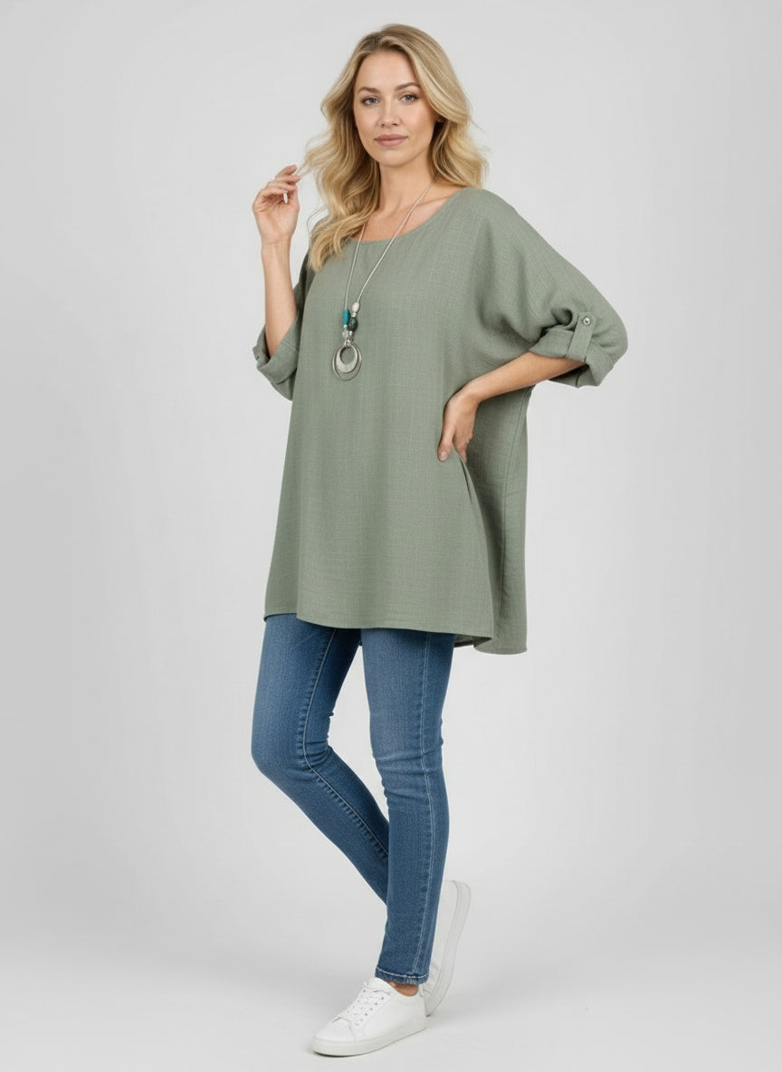 Plus Size Cotton Lagenlook Necklace Crop Top