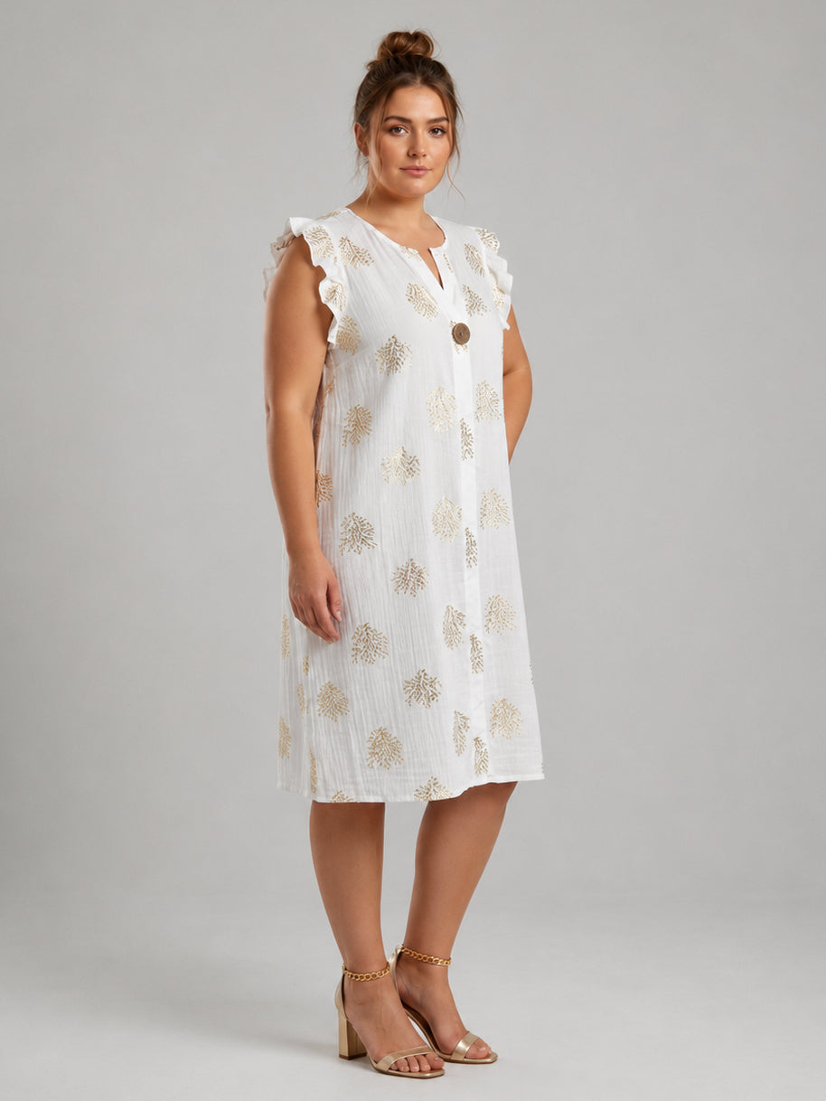 Dip Hem Foil Tree Print Oversized Cotton Dress