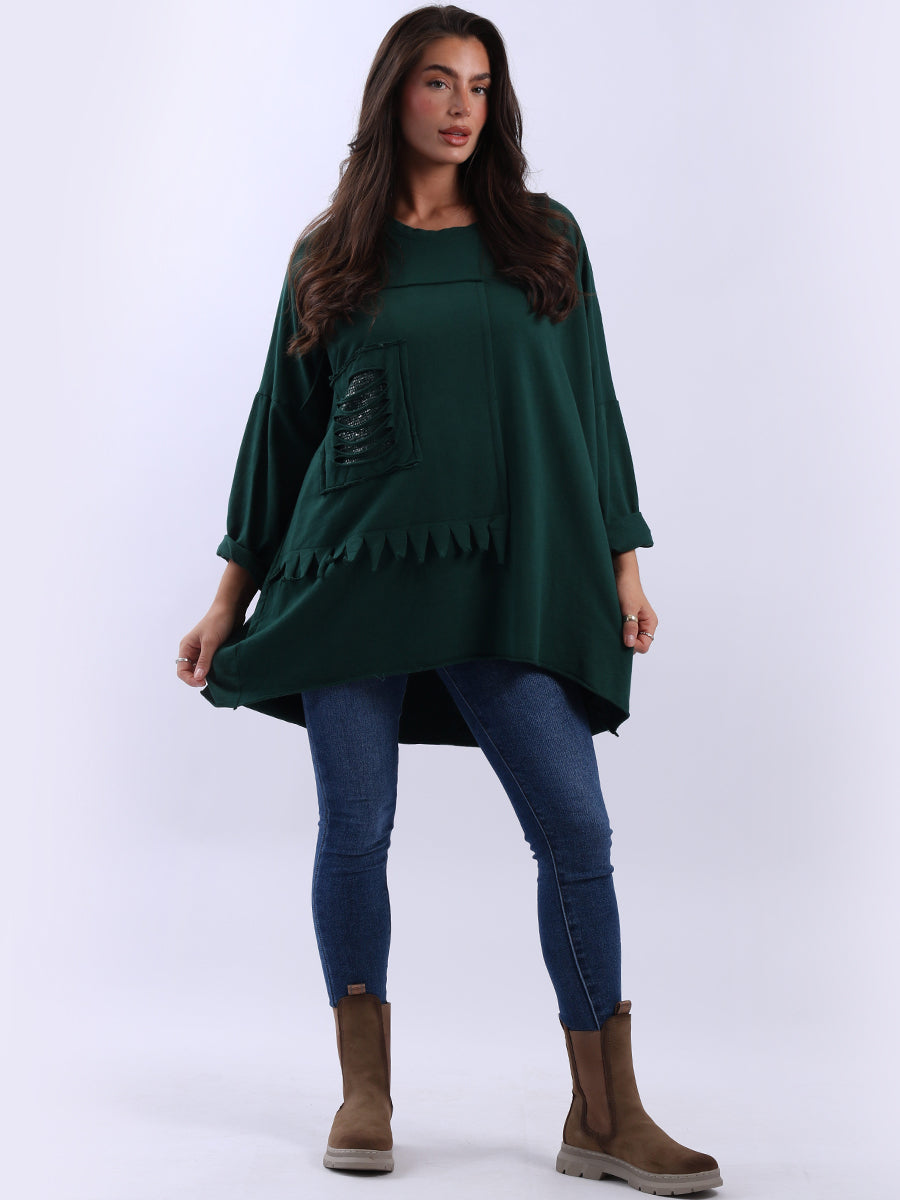 Sequin Ripped Batwing Cotton Oversized T-Shirt