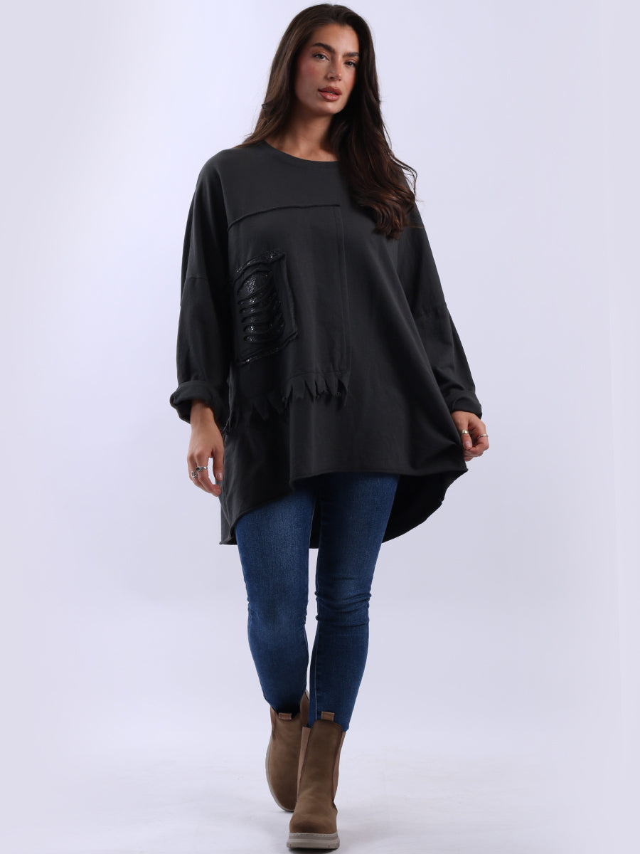 Sequin Ripped Batwing Cotton Oversized T-Shirt