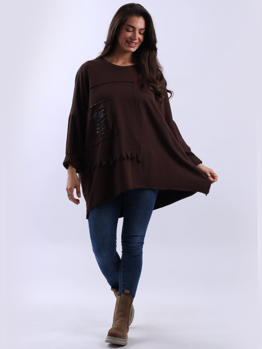 Sequin Ripped Batwing Cotton Oversized T-Shirt