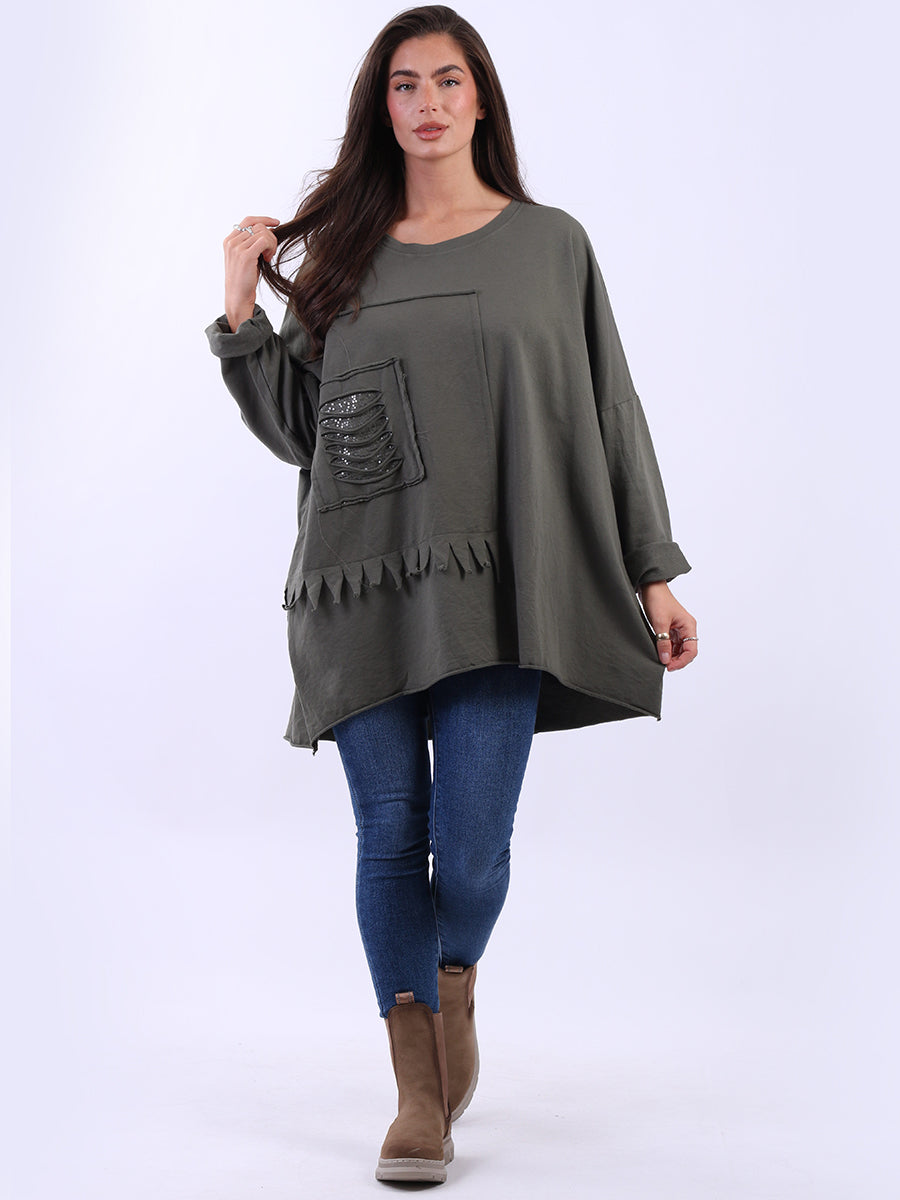 Sequin Ripped Batwing Cotton Oversized T-Shirt