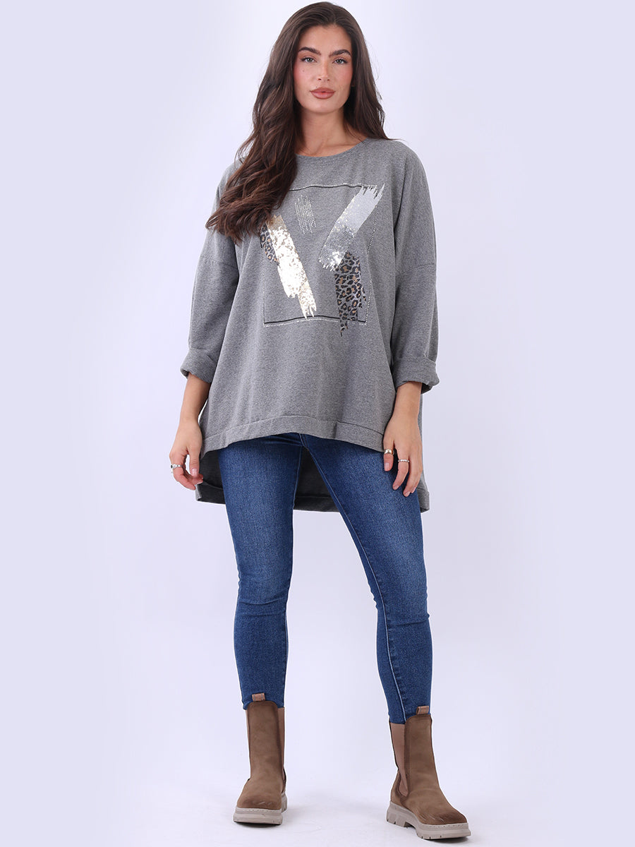 Sequin Leopard Patches High Low Cotton T-Shirt