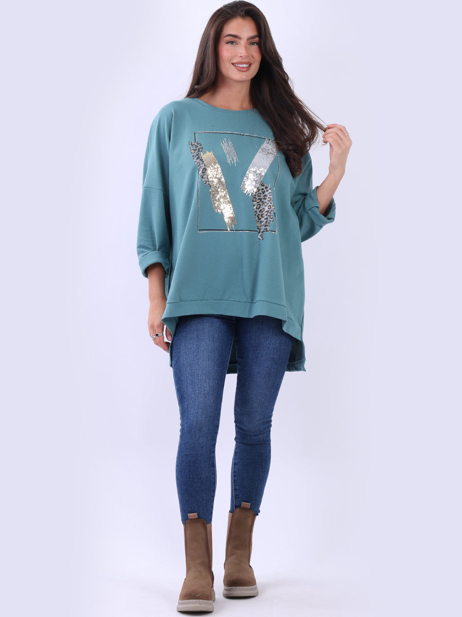 Sequin Leopard Patches High Low Cotton T-Shirt