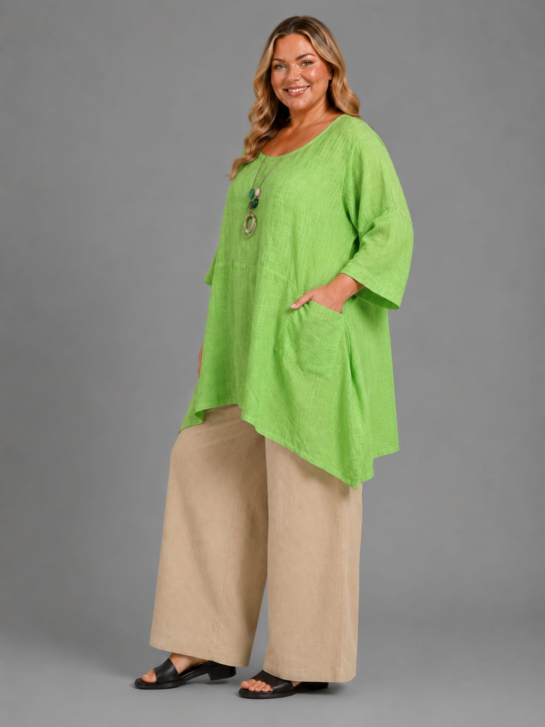 Plus Size Plain Cotton Necklace Tunic Top