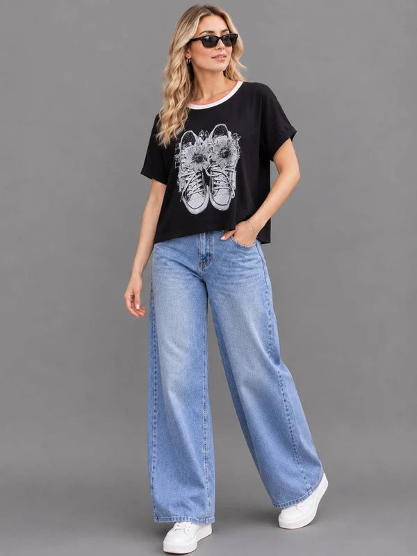 Sequin Flower Sneaker Print Tee Black