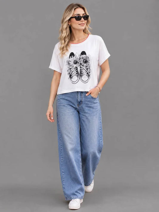 Sequin Flower Sneaker Print Tee White