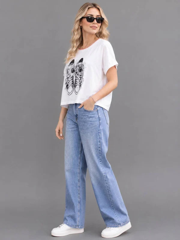 Sequin Flower Sneaker Print Tee White