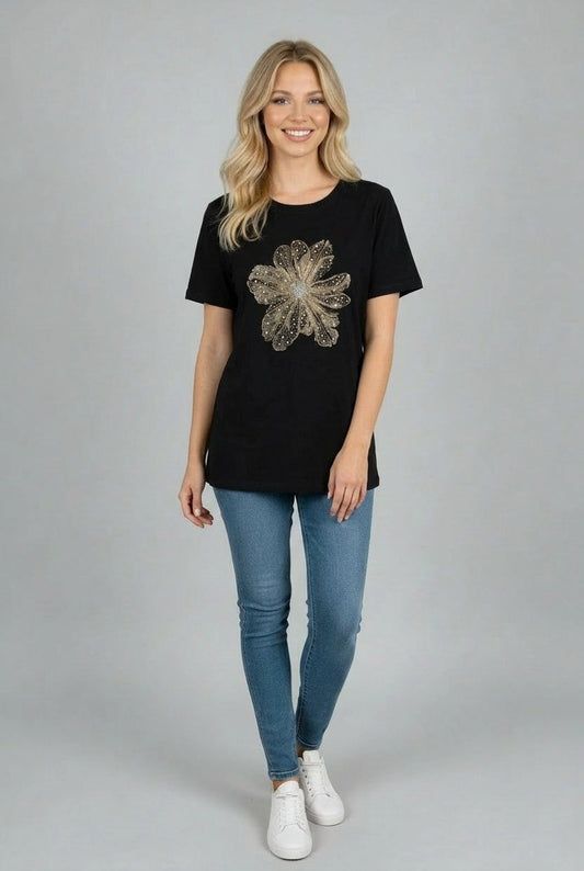 Sequin Flower Baggy T-Shirt Black