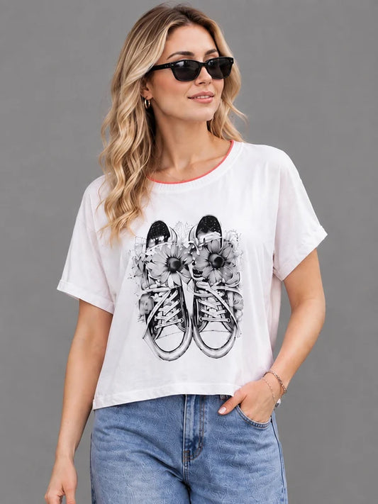 Sequin Flower Sneaker Print Tee White