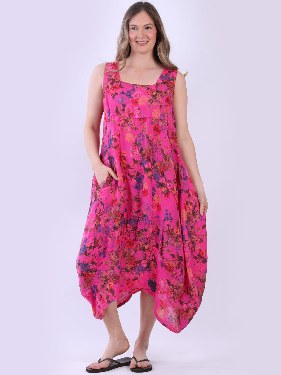 Sleeveless Floral Linen Dress Fuchsia
