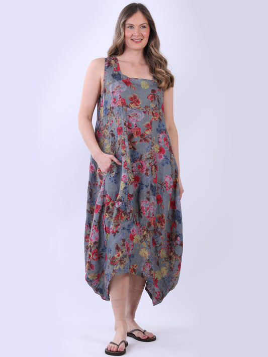 Sleeveless Floral Linen Dress Grey