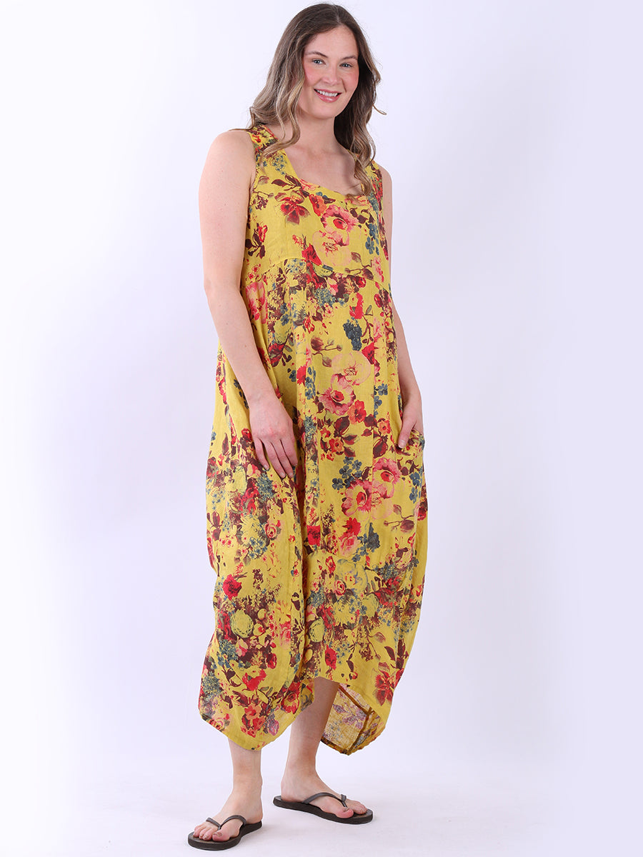 Sleeveless Floral Linen Dress Mustard