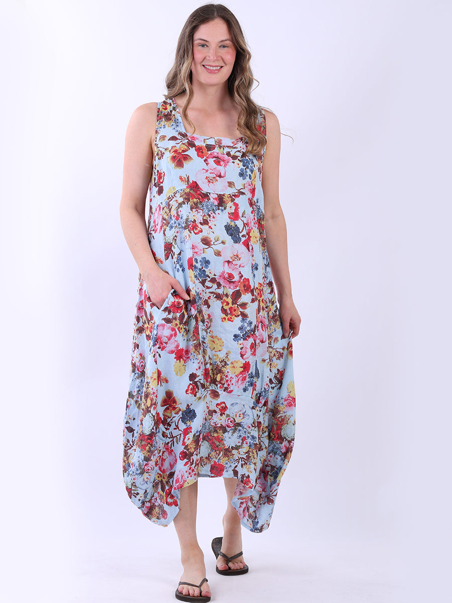 Sleeveless Floral Linen Dress Sky Blue
