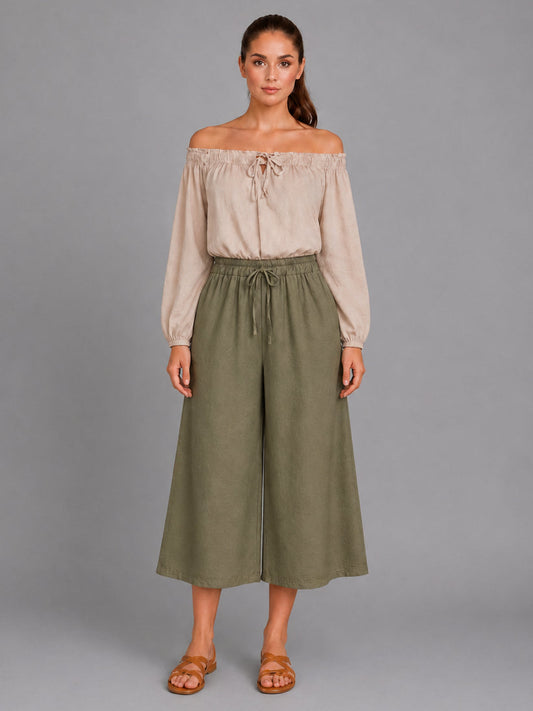 Wide Leg Capri Trouser Khaki
