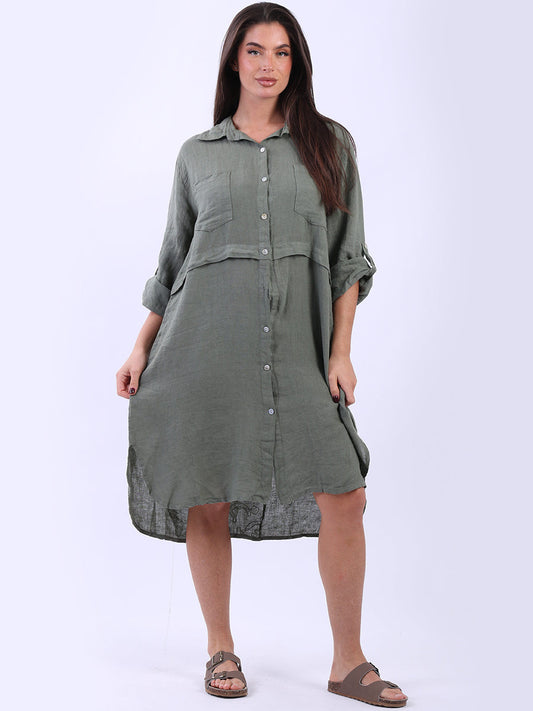 Sequin Back Linen Plain Midi Collared Dress