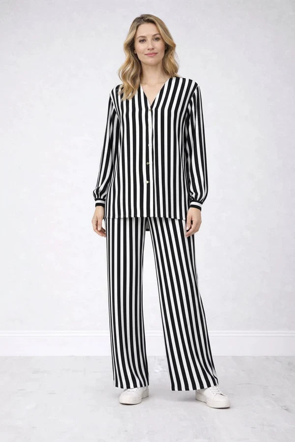 V Neck Women Striped Button Down Shirt