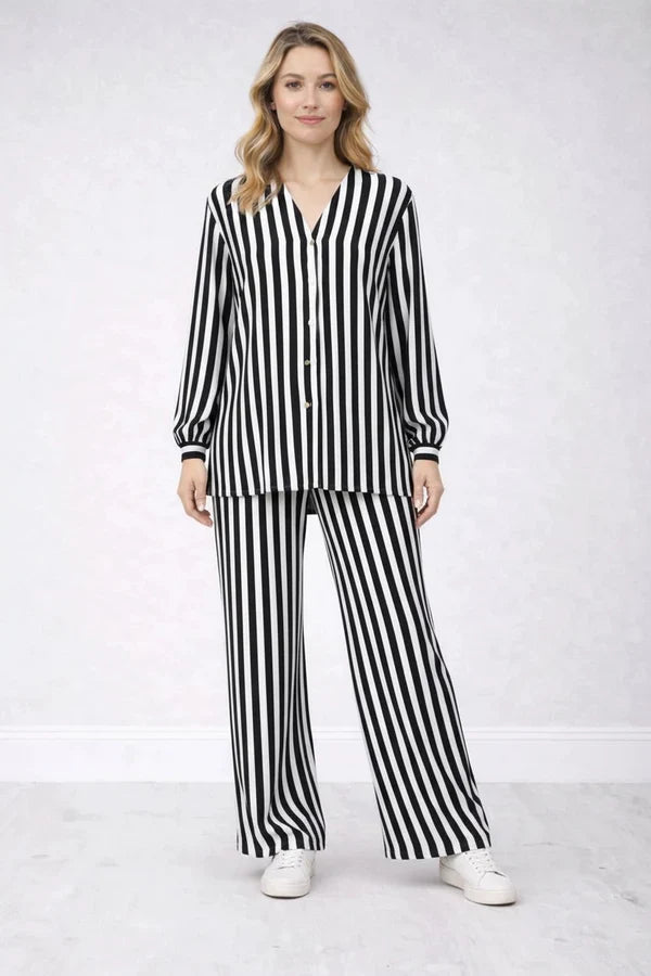 V Neck Women Striped Button Down Shirt