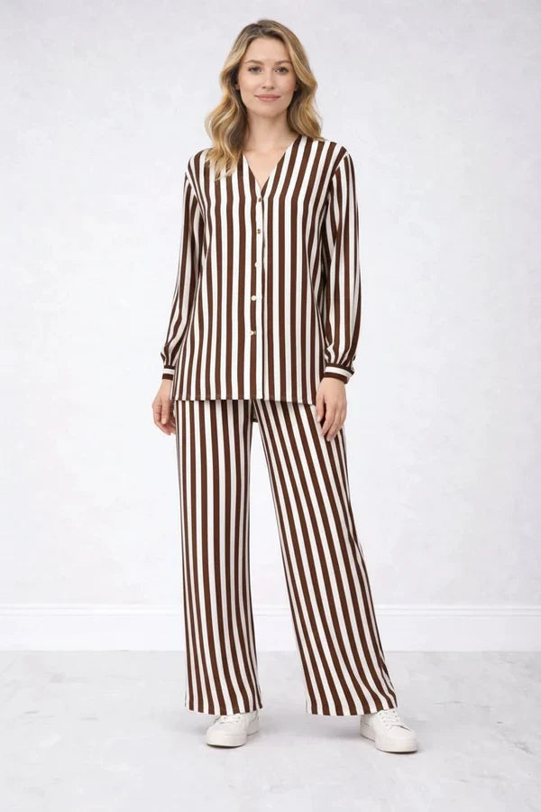 V Neck Women Striped Button Down Shirt