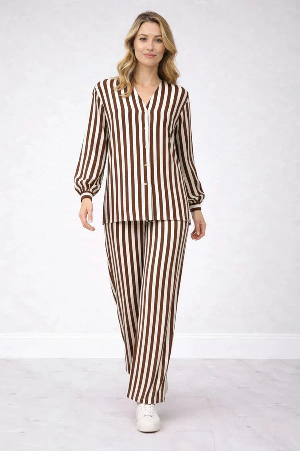 V Neck Women Striped Button Down Shirt