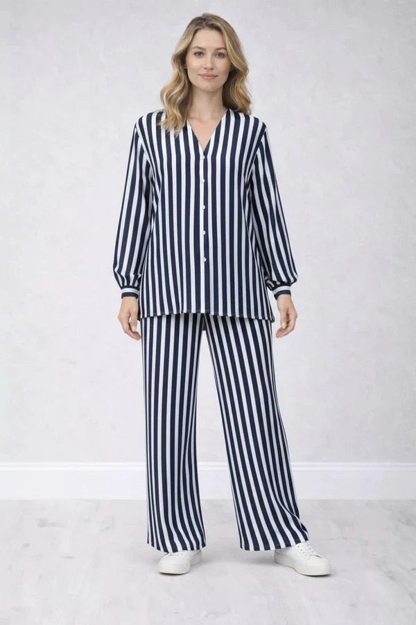 V Neck Women Striped Button Down Shirt