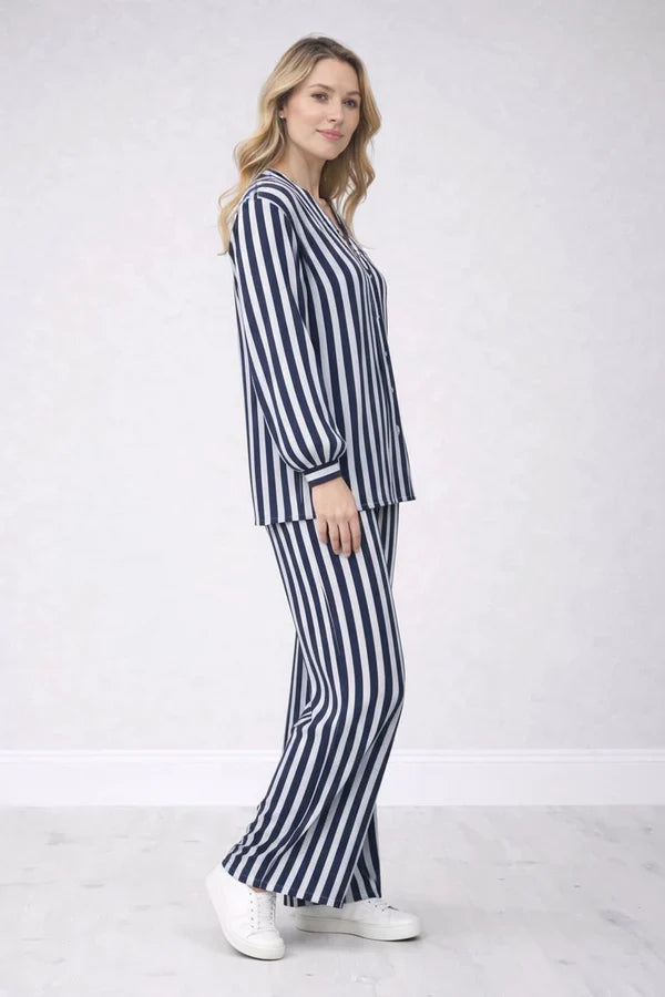 V Neck Women Striped Button Down Shirt